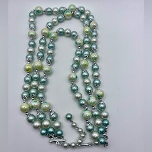 Japan Vintage Faux Pearl 3 Strand Necklace Sea-foam Green Yellow Silver Cream